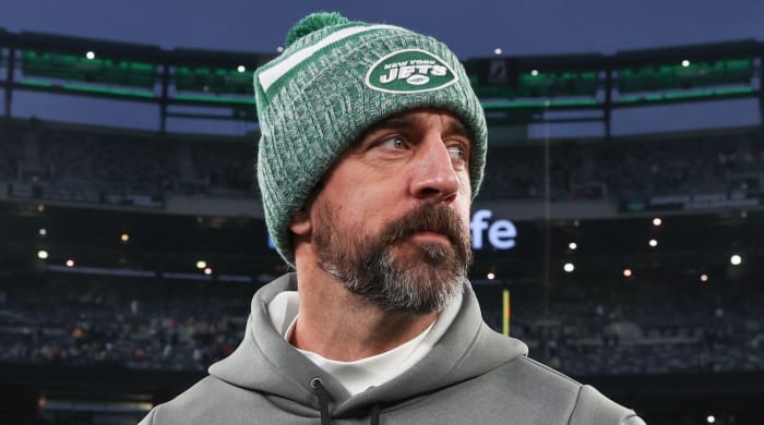 Dec 24, 2023; East Rutherford, New Jersey, USA; New York Jets quarterback Aaron Rodgers (8) on the field after the game against the Washington Commanders at MetLife Stadium.